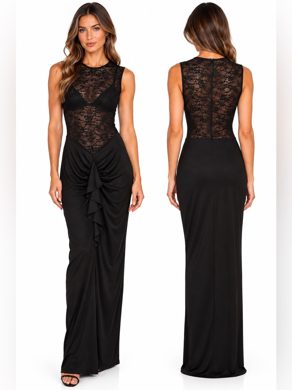 Way of the Priest Black Lace Ruched Gown Sheer Top Sleeveless Cocktail Sz Small*